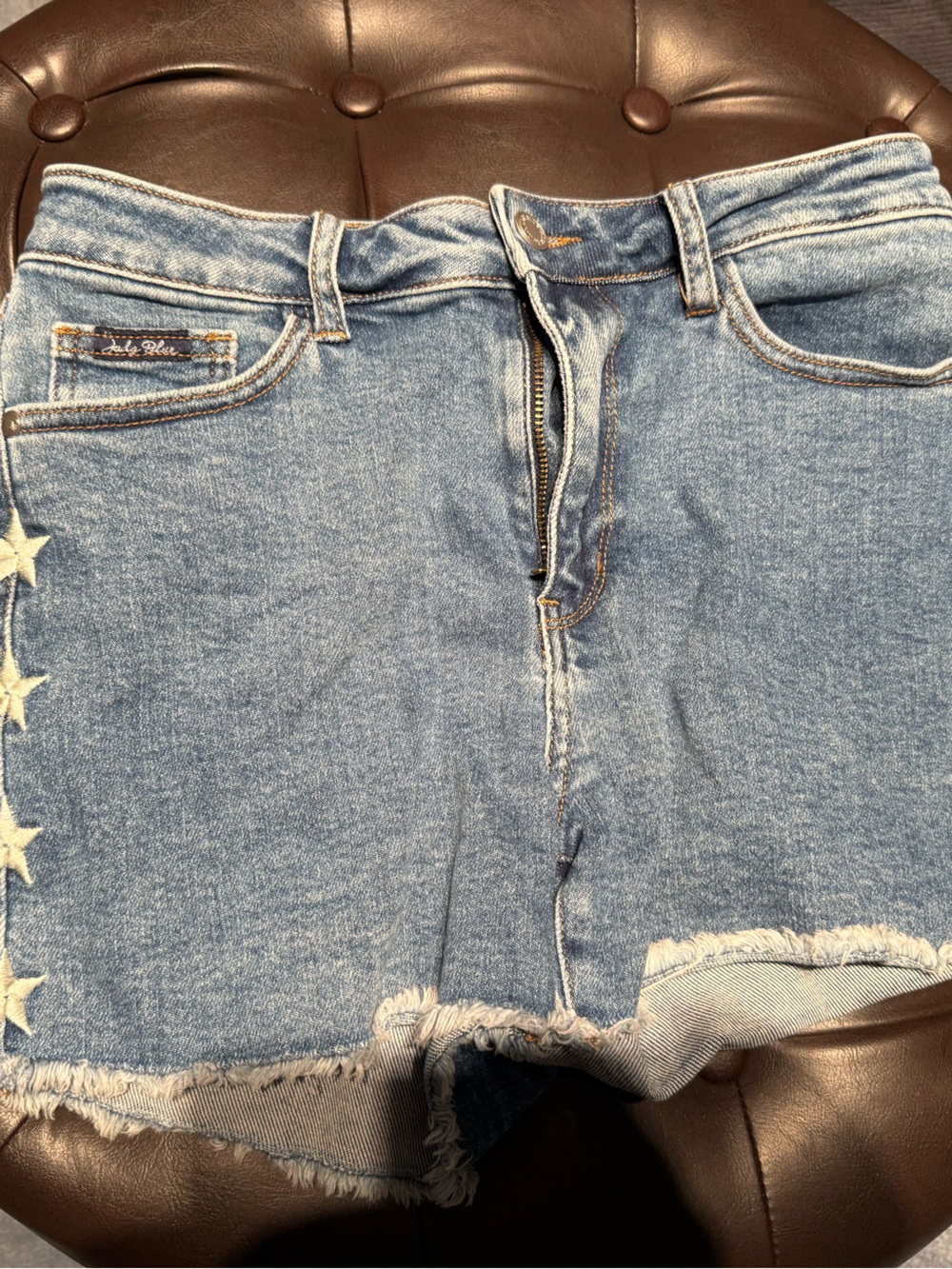 Judy Blue Light Blue Star-Accented Frayed Hem Denim Shorts - Picture 4 of 8